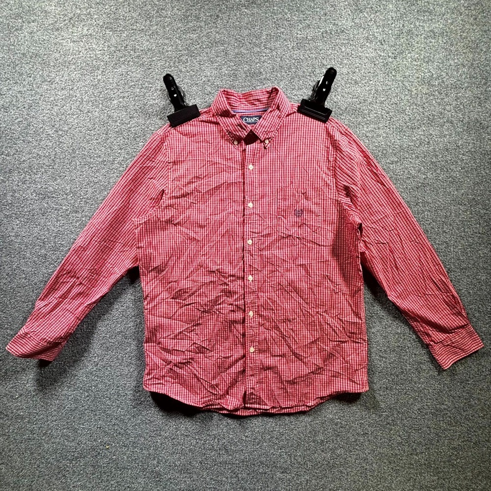 Chaps Shirt Men's Large Red White Gingham Button Front Stretch Classic Preppy